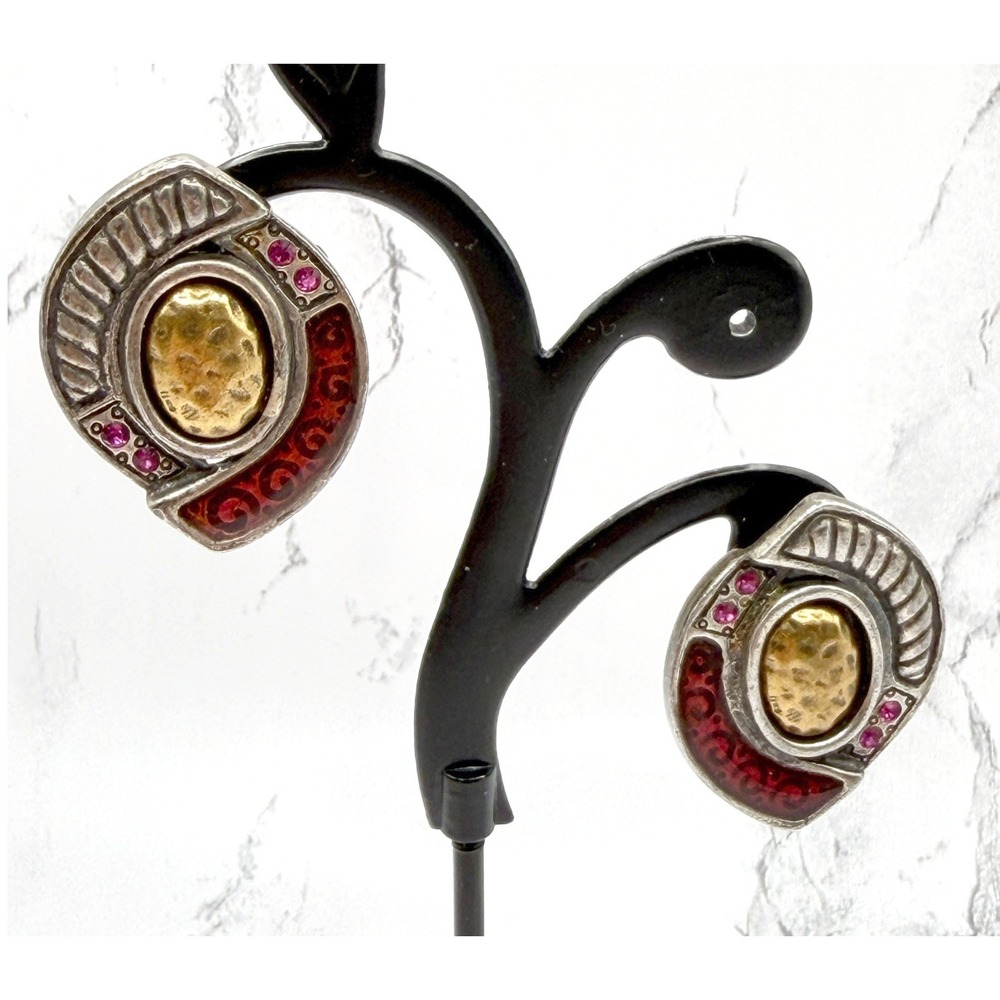 Chicos Silver Tone Red Resin Statement Earrings Oval Gold Accent - Picture 2 of 5
